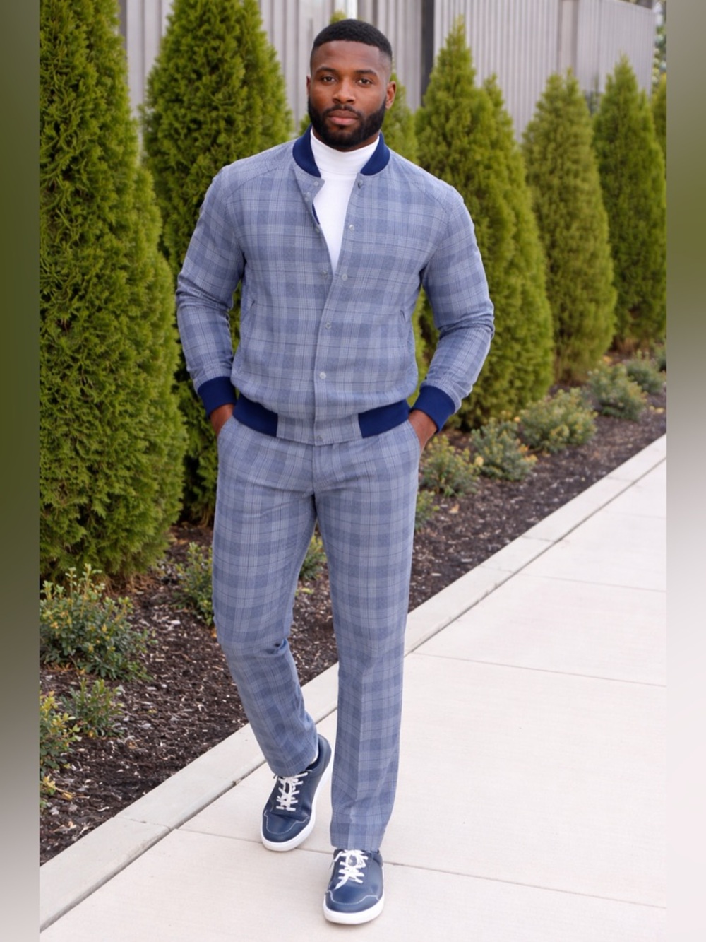 New Murano Men Blue Plaid Reversible Set / Jacket L / Pants 34x30 - Retail $250